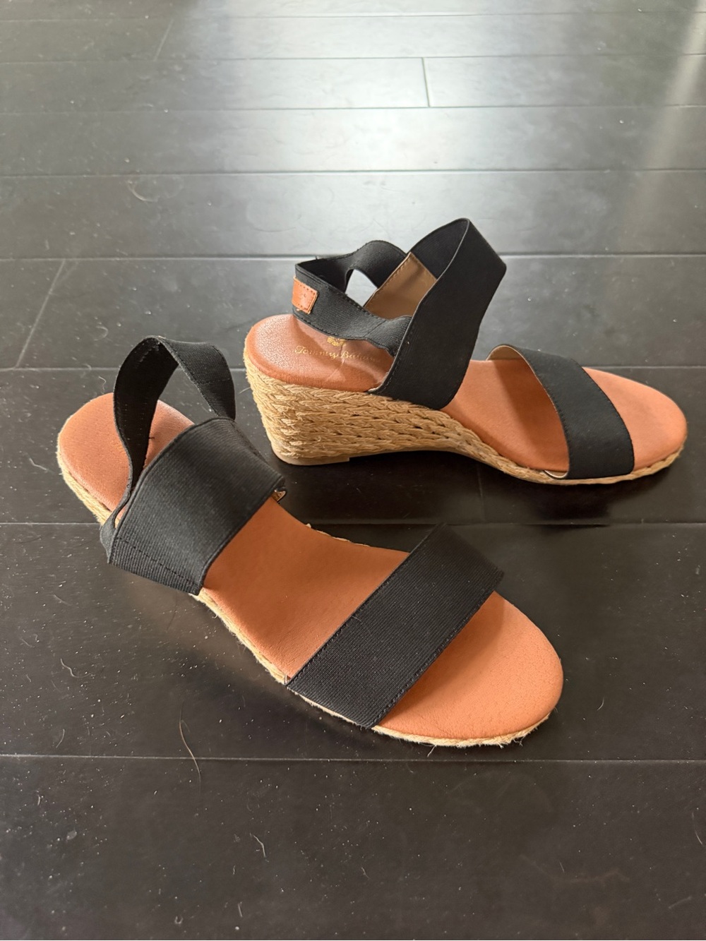 Tommy Bahama Black Elastic Strap Wedge Sandals with Espadrille Heel